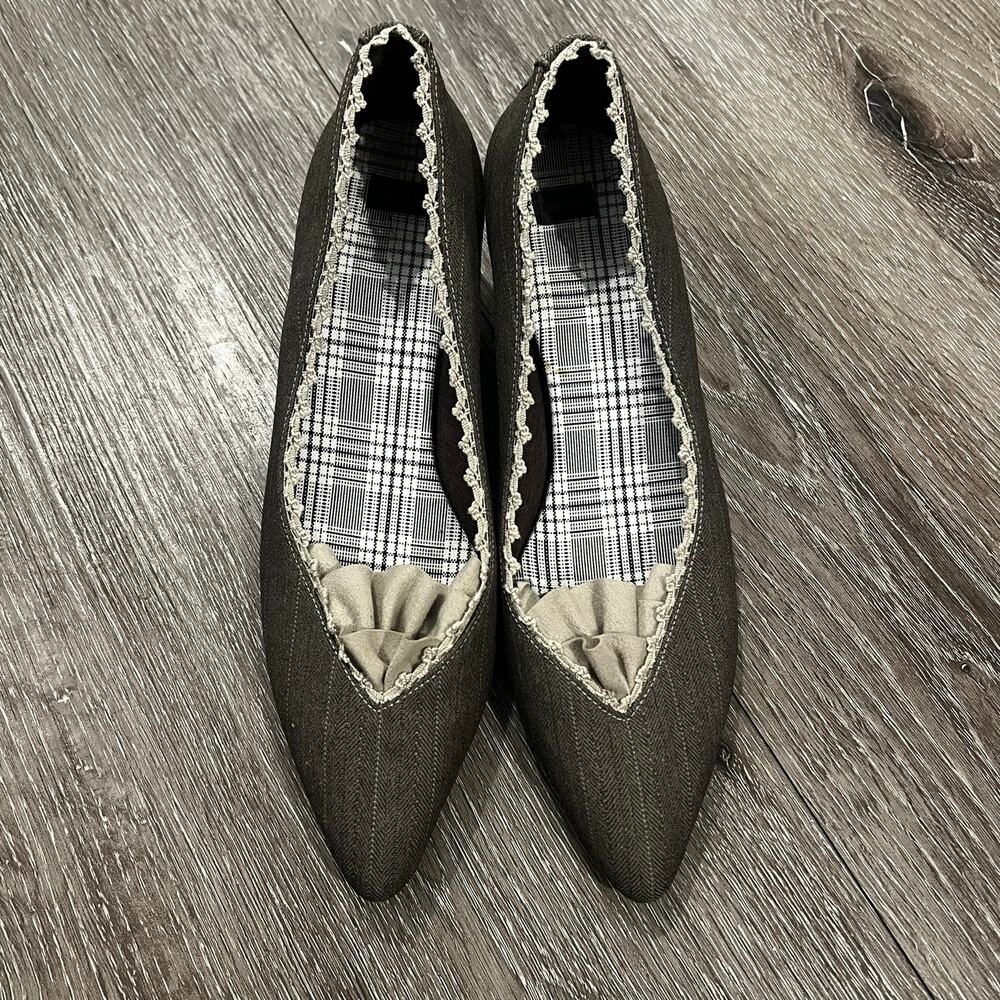 Anthropologie Mere Womens Kitten Heel Pumps 7.5 M Olive Herringbone Pointed Toe